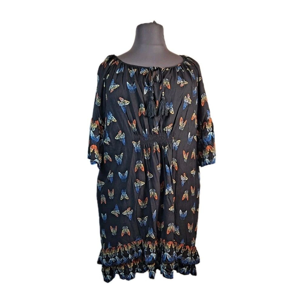 Evans Women's Butterfly Print Knee Length Dress Size 18 Black Ruffles